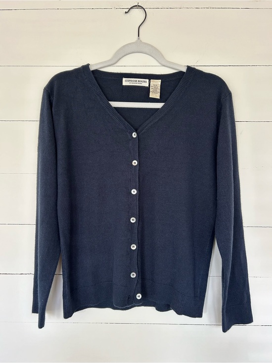 Stephanie Rogers Sweaters - Stephanie Rogers Dark Blue V-Neck Button Down Cardigan, Size Medium.